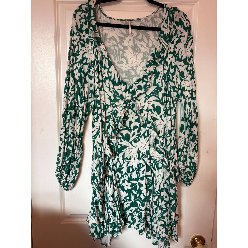 Free People Green White Ruffle Floral Print Flowy Summer Dress